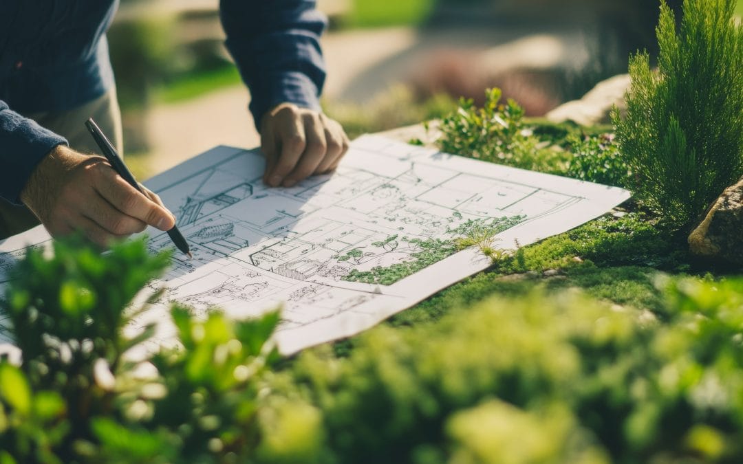 Person sketching garden plans outdoors surrounded by greenery.